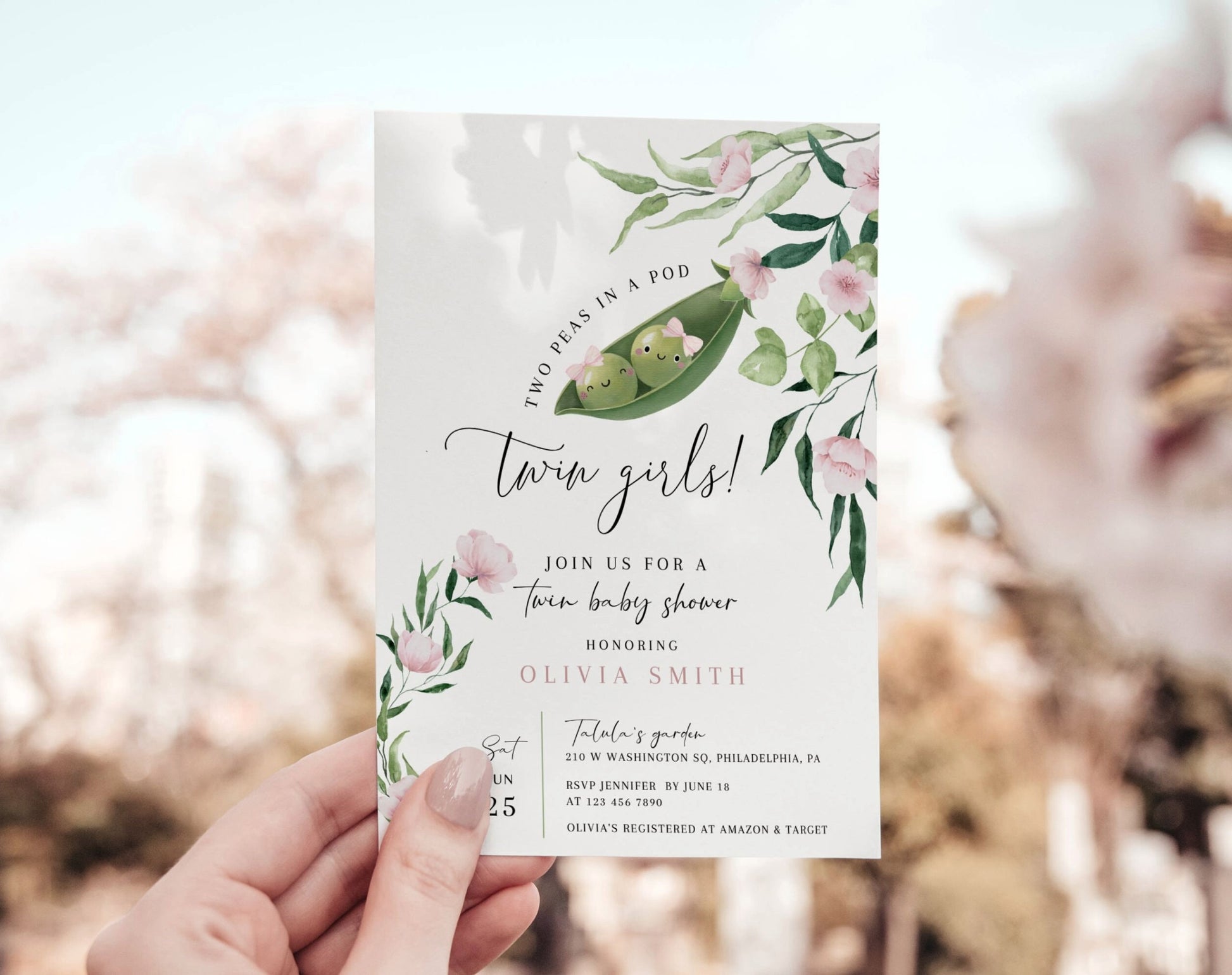 twin, floral, pink and green baby shower invite for a personalized celebration