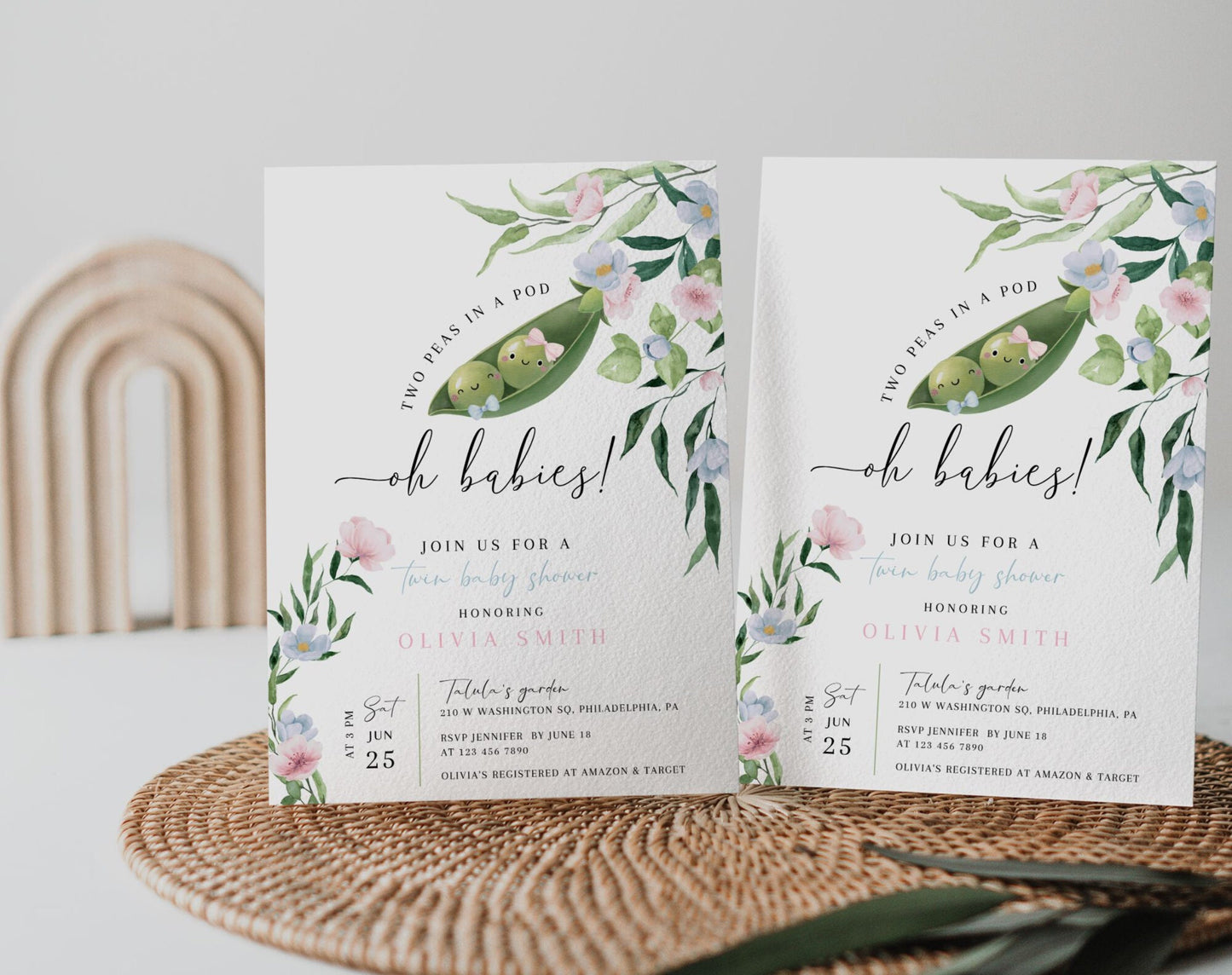 Invitation - Two Peas in a Pod Baby Shower, editable Canva template