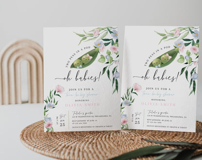 Invitation - Two Peas in a Pod Baby Shower, editable Canva template