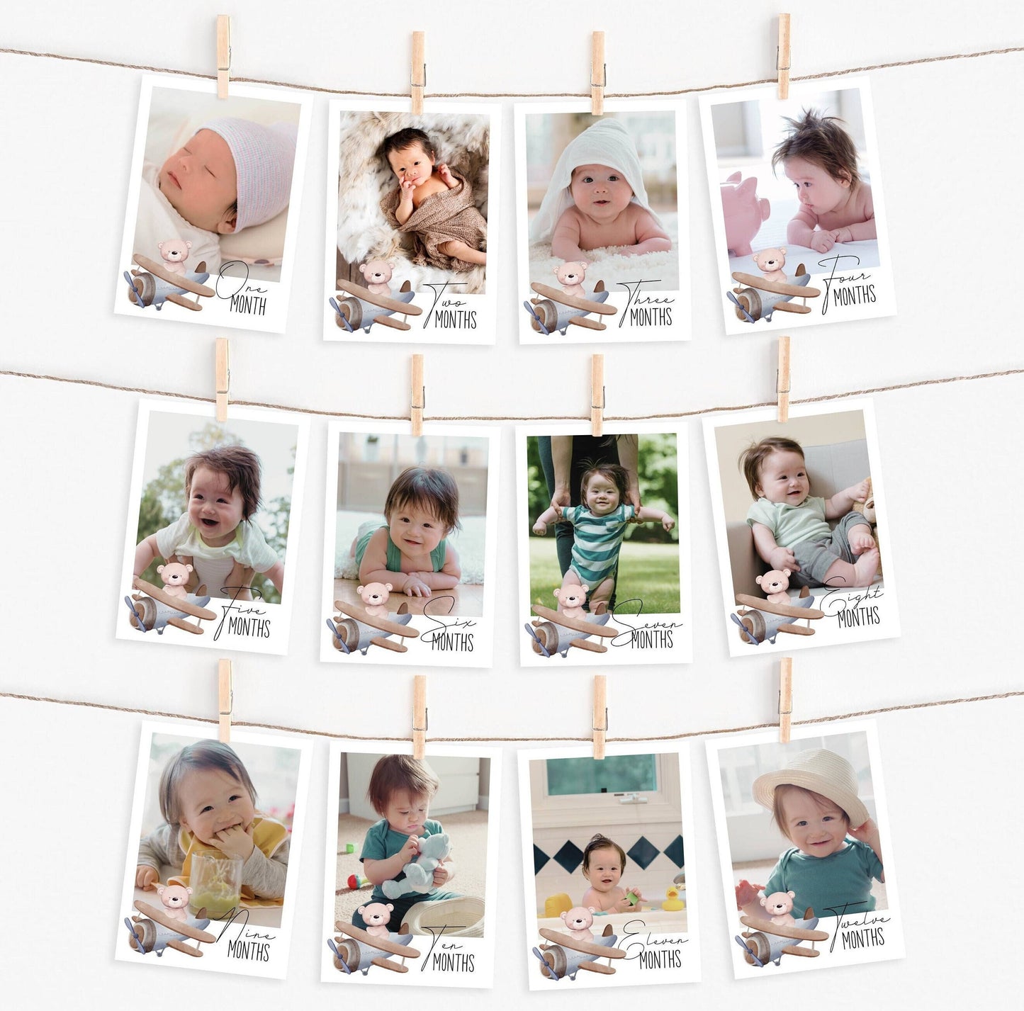 Teddy bear 1st birthday monthly milestone photo cards