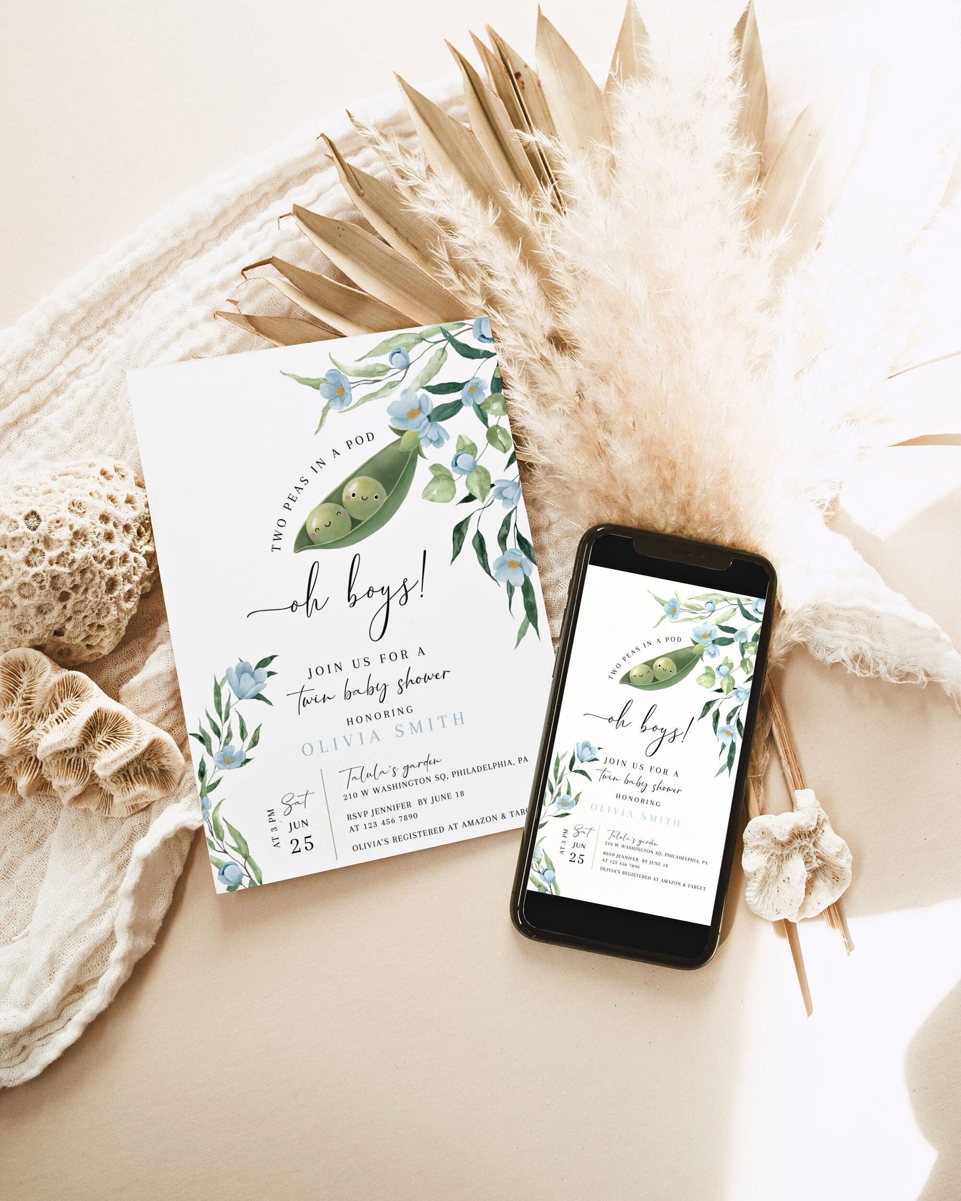 Two Peas in a Pod Baby Shower Invitation for baby shower guests and party details