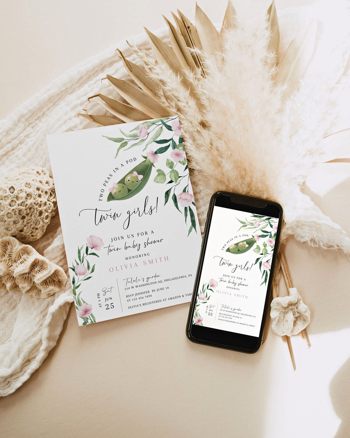 Two Peas in a Pod Baby Shower Invitation for baby shower guests and party details