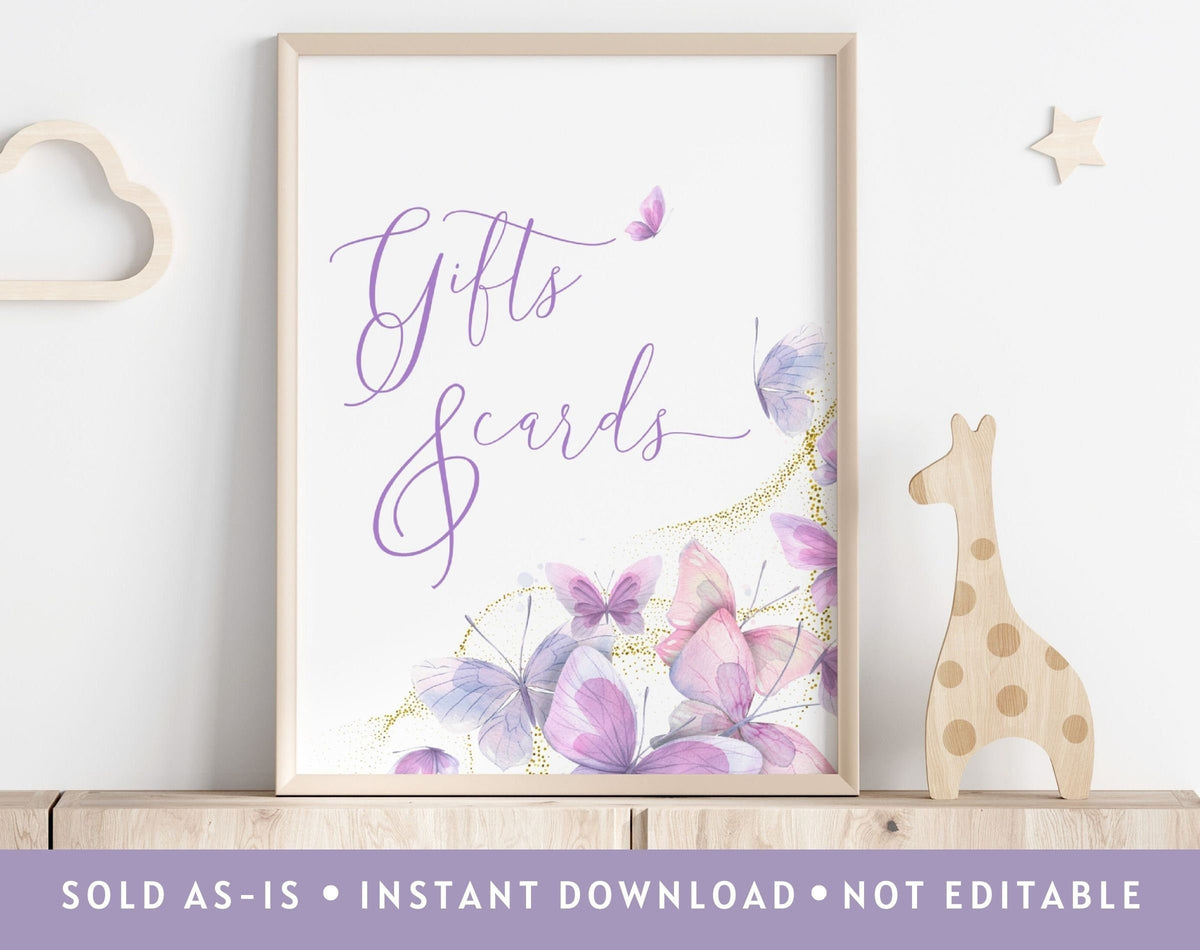 Butterfly Baby Shower Cards and Gifts Sign for baby shower party decor and supplies