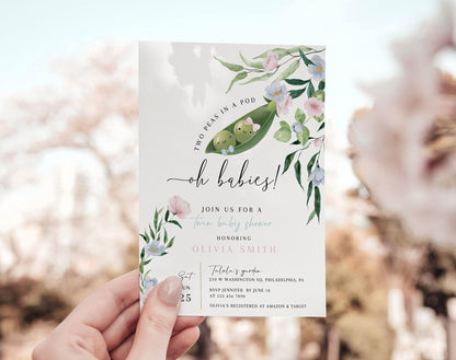 twin, floral, blue and green baby shower invite for a personalized celebration