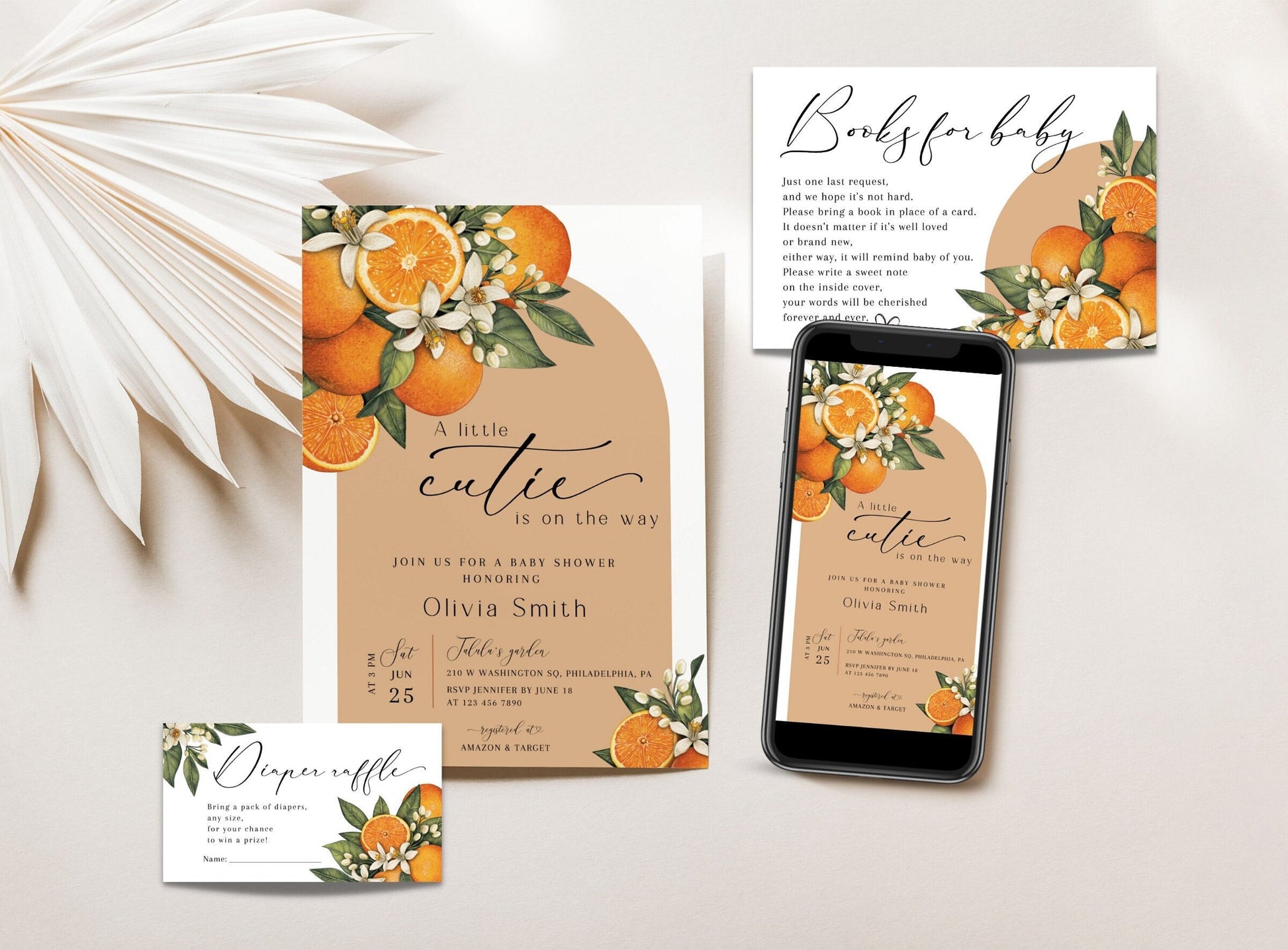 Little Cutie orange floral baby shower invitation and insert card set