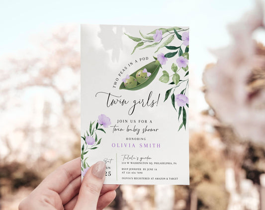 twin, floral and green baby shower invite for a personalized celebration