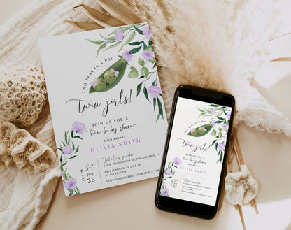 Two Peas in a Pod Baby Shower Invitation for baby shower guests and party details