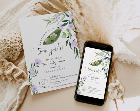 Two Peas in a Pod Baby Shower Invitation for baby shower guests and party details