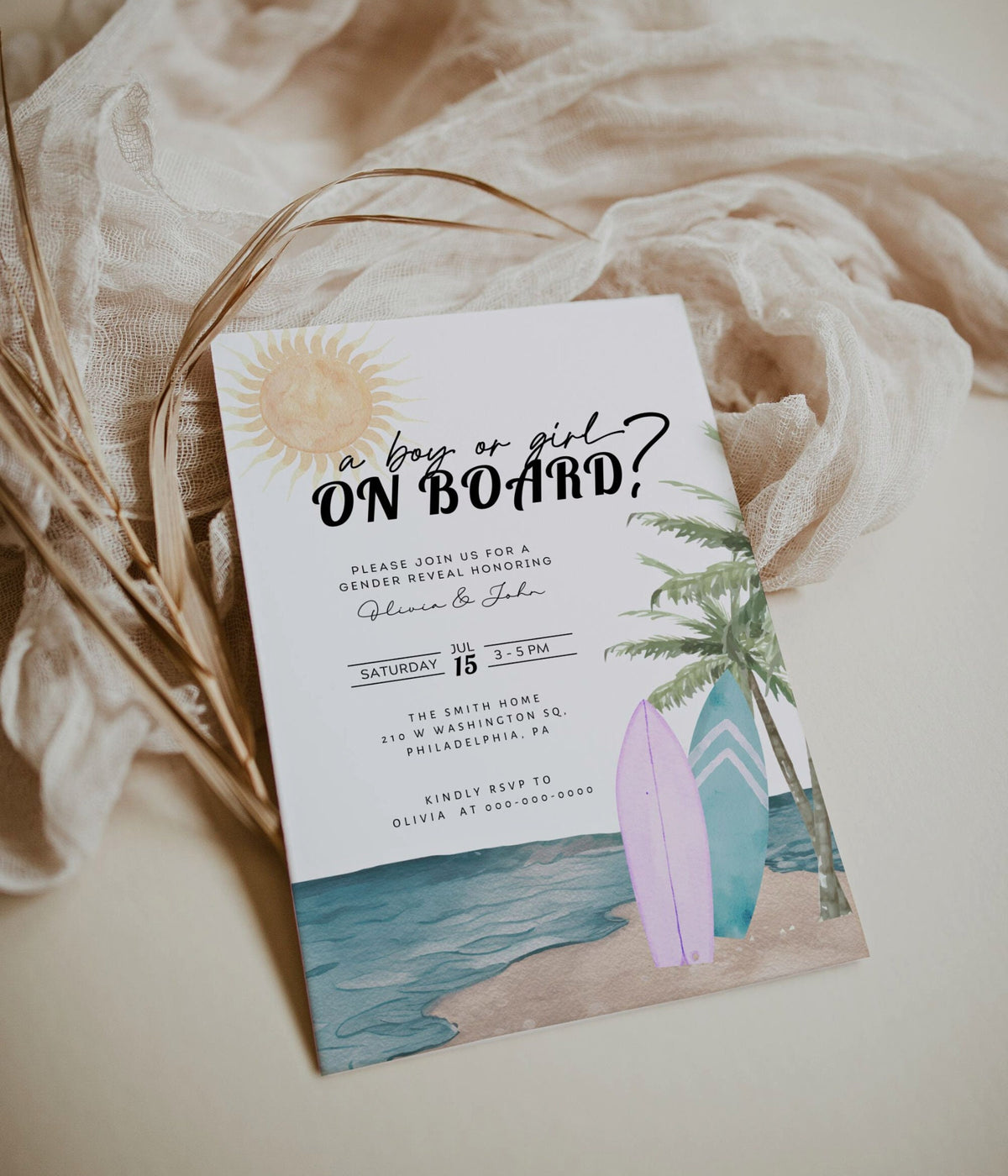 boho gender reveal invite for a personalized celebration