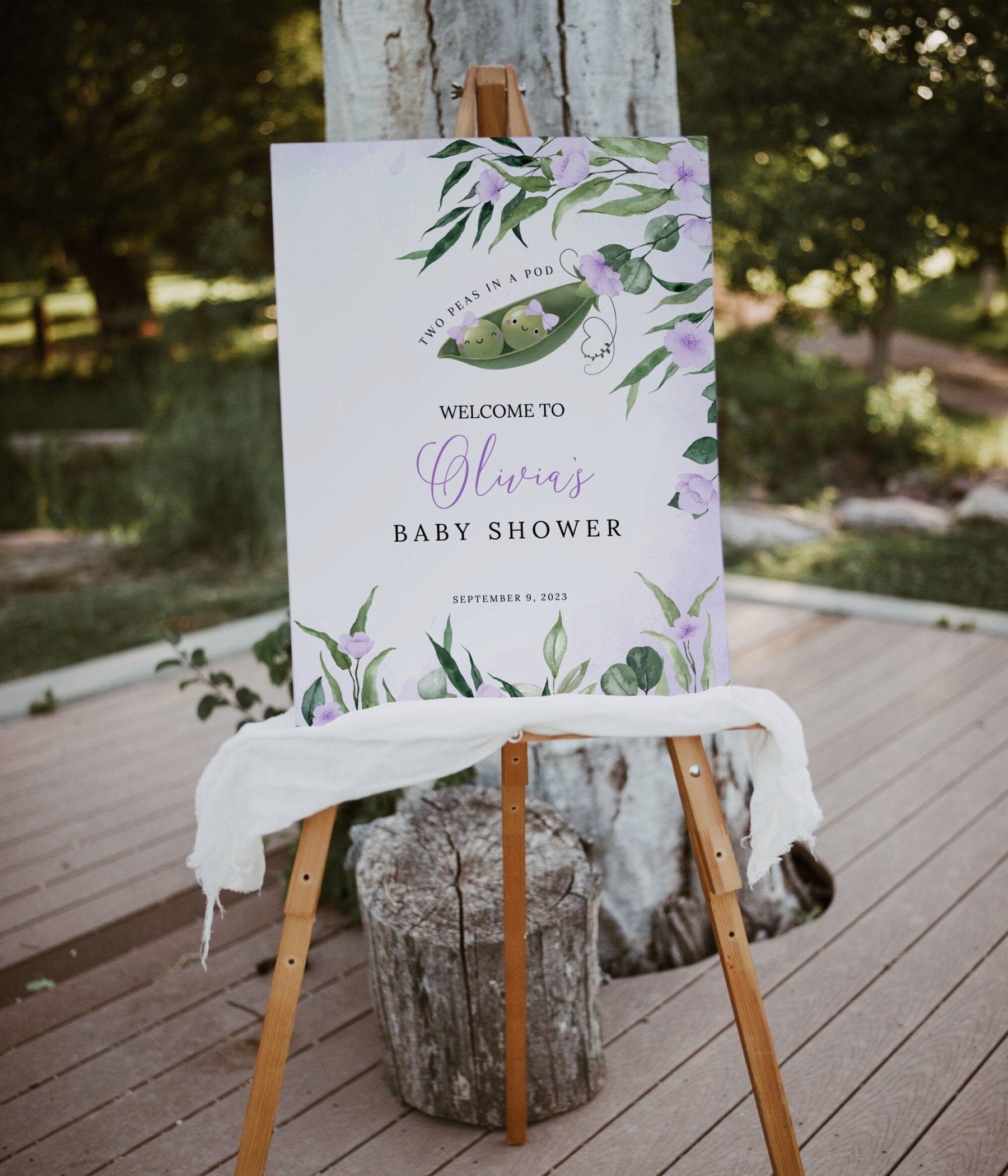 twin, floral and green baby shower welcome sign printable for a themed celebration
