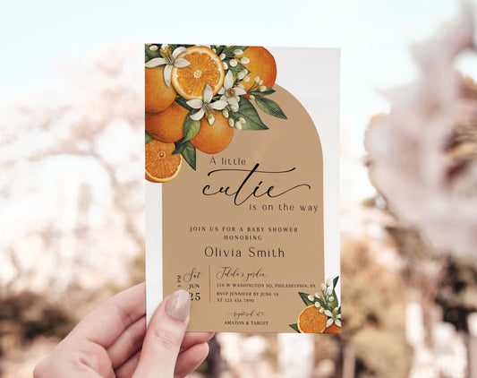Editable details of little cutie orange floral baby shower invitation and insert card set