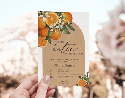 Editable details of little cutie orange floral baby shower invitation and insert card set
