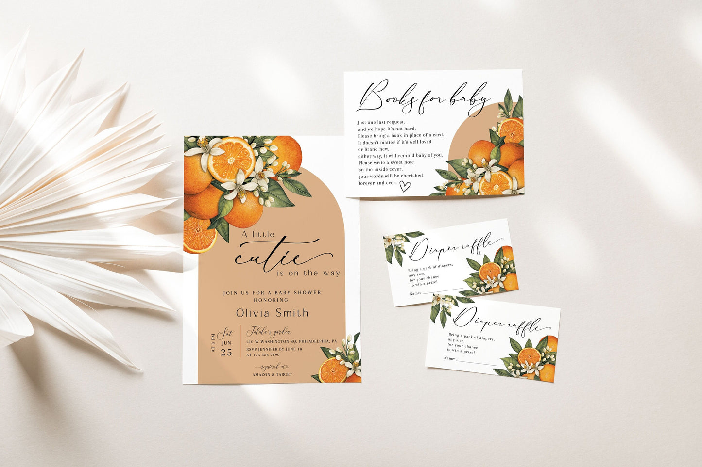 Baby Shower invitation set with invitation, books for baby card, diaper raffle ticket and thank you card