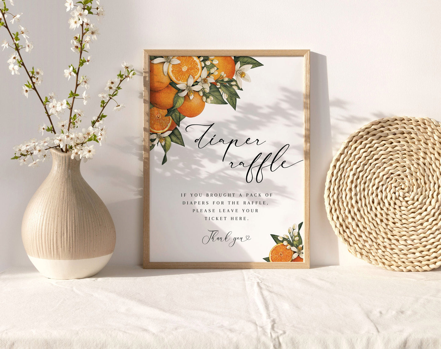 citrus, orange, floral and green diaper raffle tickets and sign for baby shower games