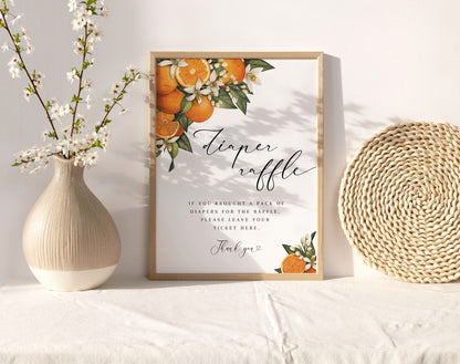 citrus, orange, floral and green diaper raffle tickets and sign for baby shower games