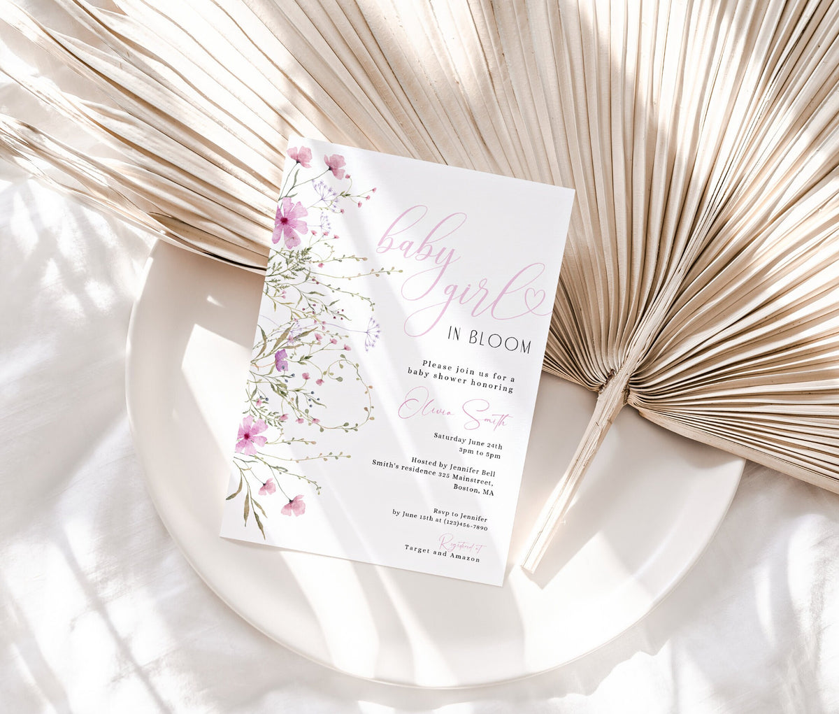 Editable details of pink baby girl in bloom invitation with mobile evite and insert cards