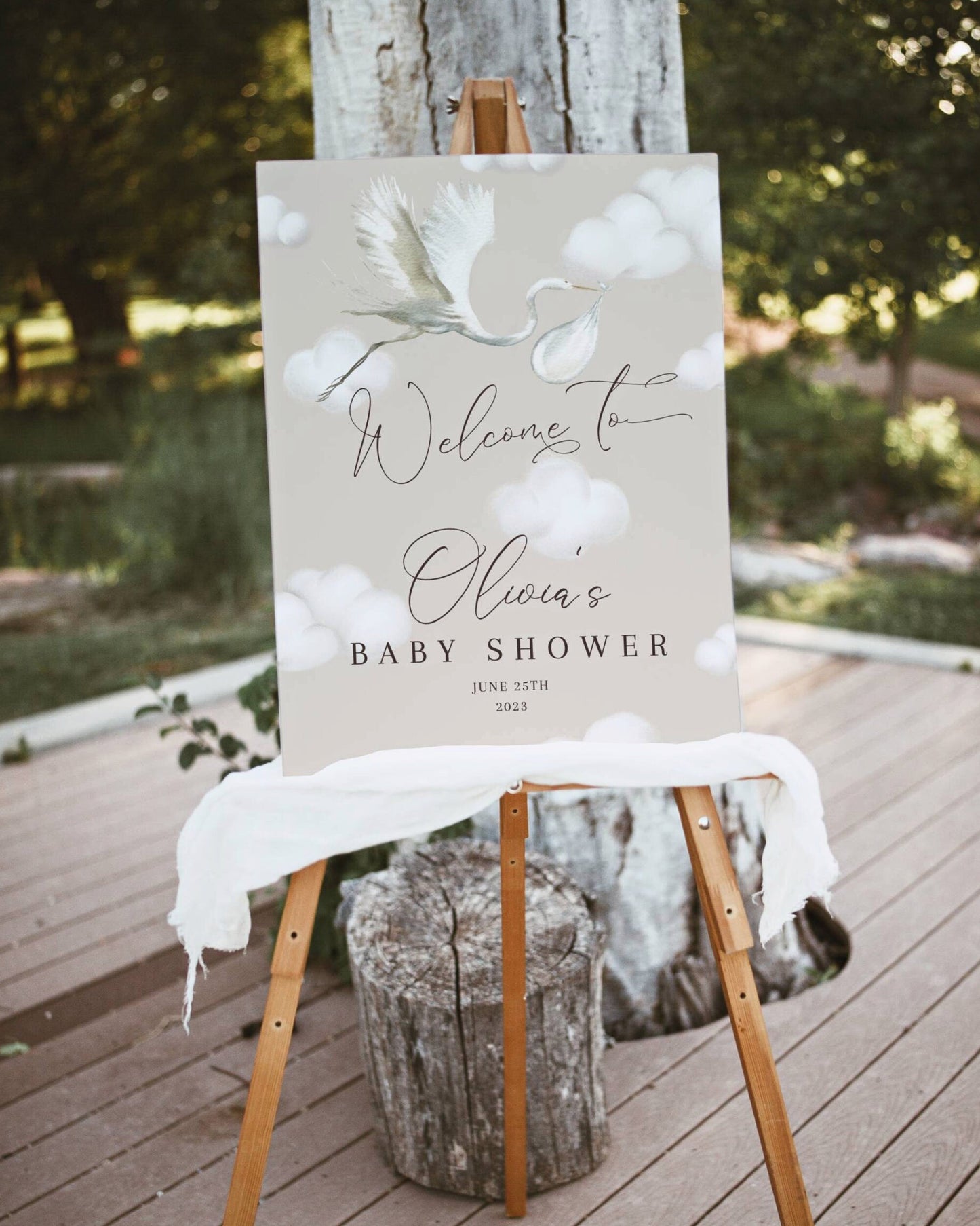We're on Cloud 9 stork and clouds baby shower welcome sign editable Canva template