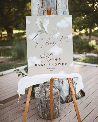 We're on Cloud 9 stork and clouds baby shower welcome sign editable Canva template