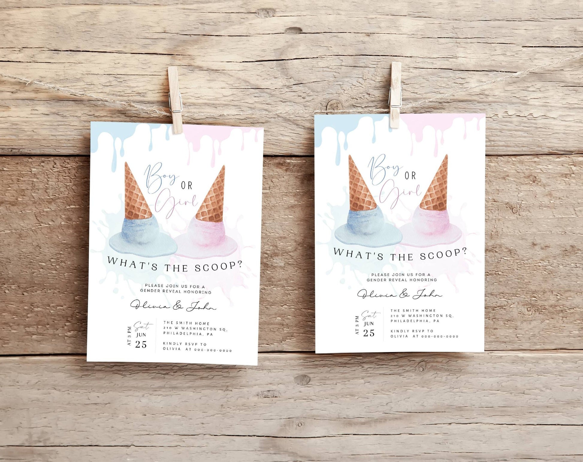 blue and pink gender reveal invite for a personalized celebration