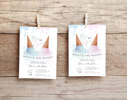 blue and pink gender reveal invite for a personalized celebration