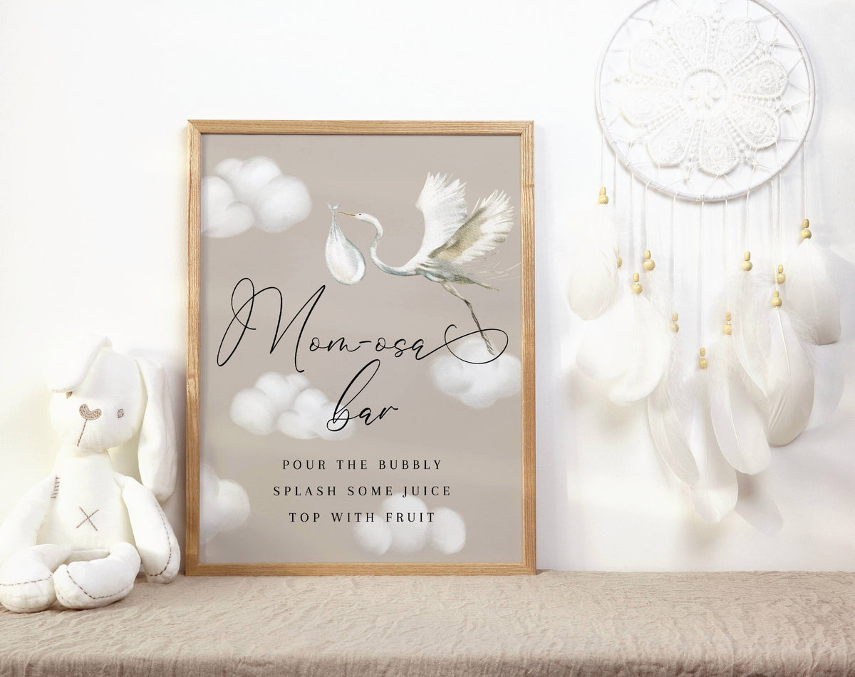 Boho stork and clouds baby shower mimosa bar sign ready-to-print digital file