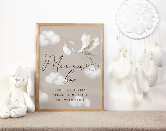 Boho stork and clouds baby shower mimosa bar sign ready-to-print digital file
