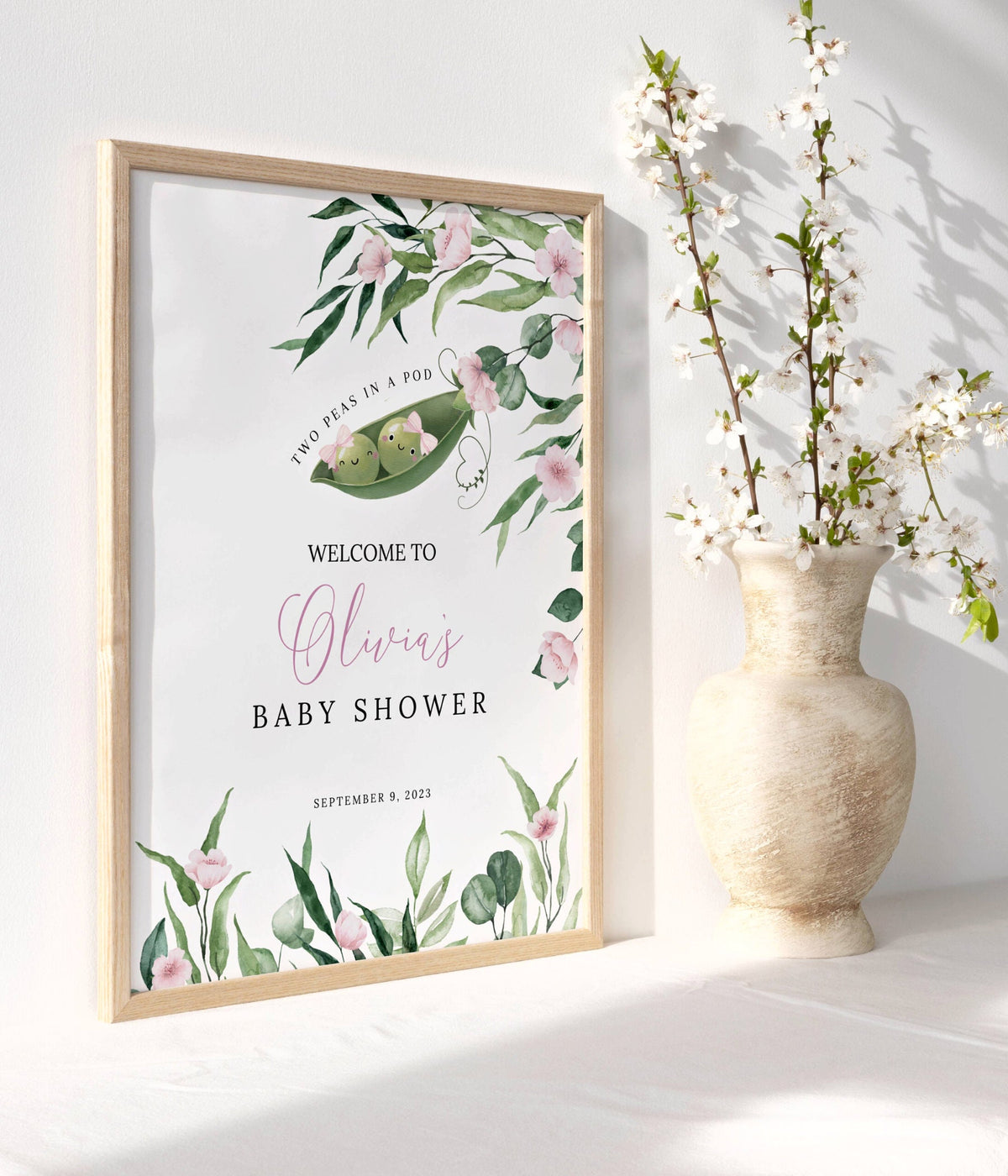 twin, floral and pink baby shower welcome sign printable for a themed celebration
