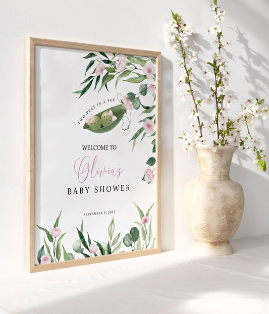 twin, floral and pink baby shower welcome sign printable for a themed celebration