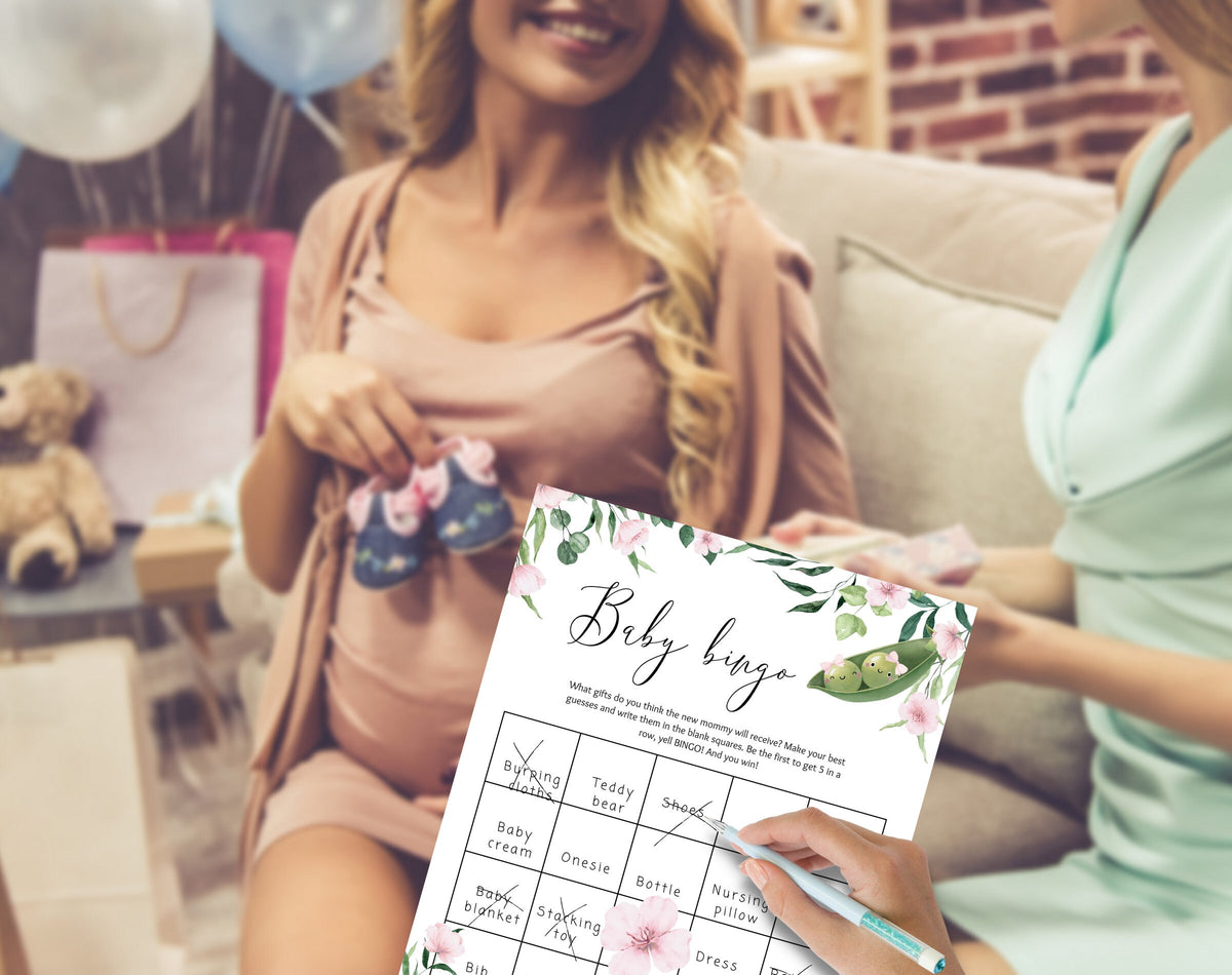 Two Peas Twin Girls Baby Shower Game Bundle, editable Canva template
