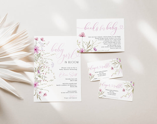 Pink Baby Girl in Bloom invitation with mobile evite and insert cards