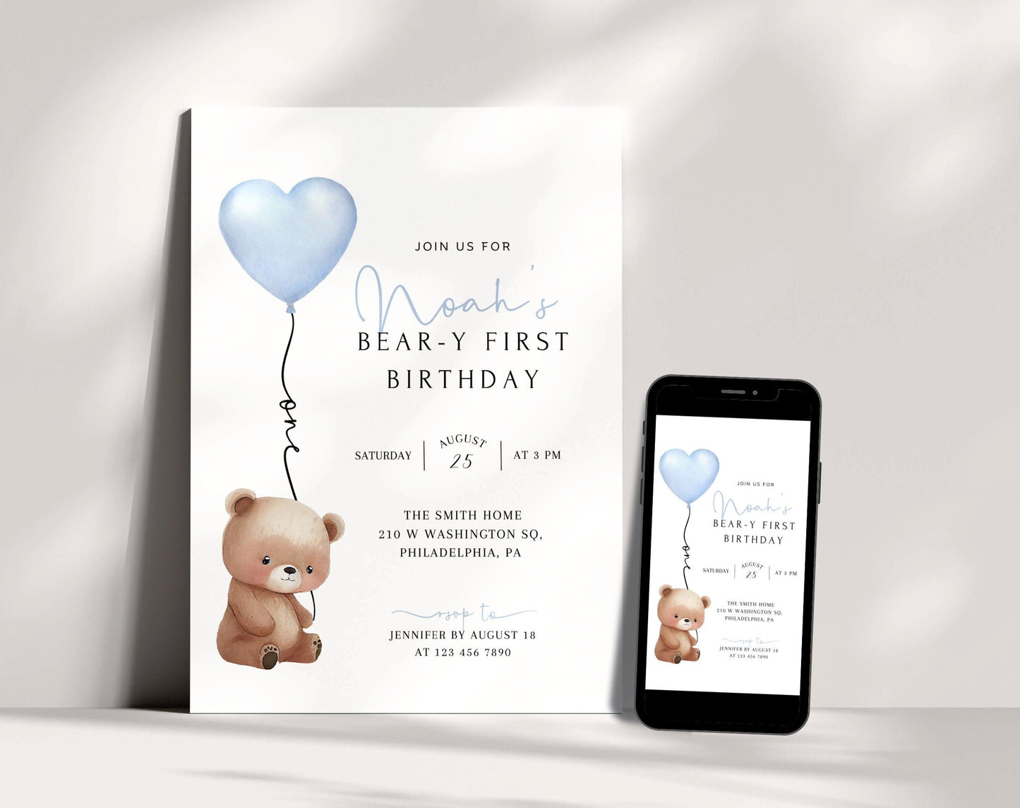 Teddy Bear 1st Birthday Boy Invitation for 1st birthday boy guests and party details