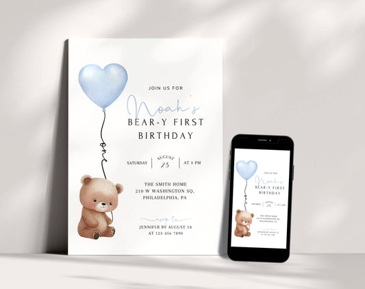 Teddy Bear 1st Birthday Boy Invitation for 1st birthday boy guests and party details