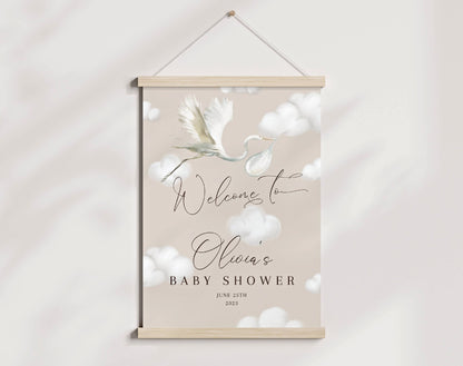 We're on Cloud 9 stork and clouds baby shower welcome sign