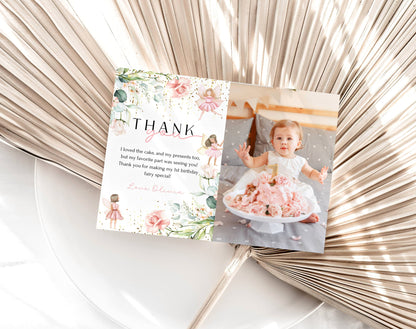 Fairy 1st Birthday Thank You Card Set, editable Canva template