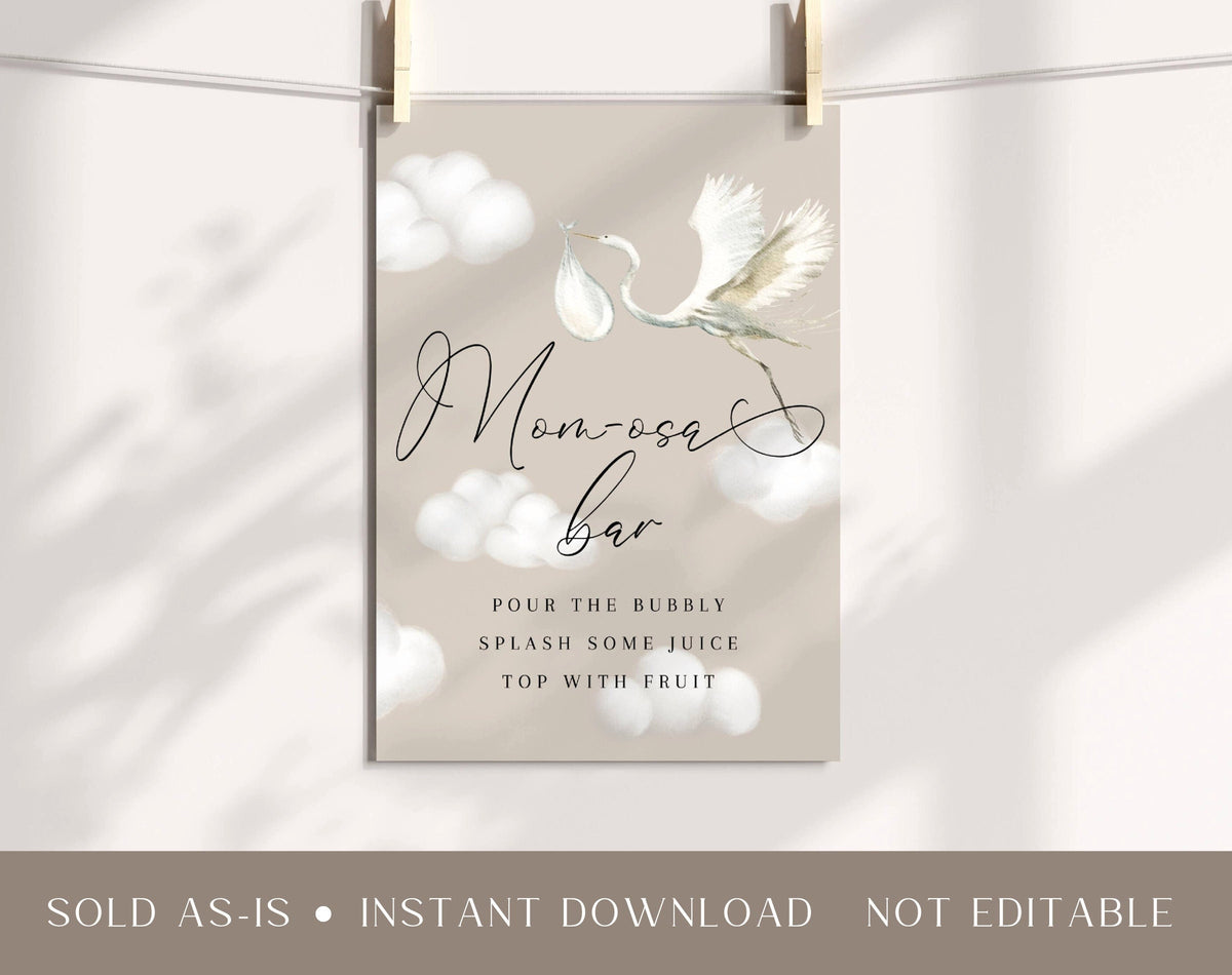 Boho stork and clouds baby shower mimosa bar sign