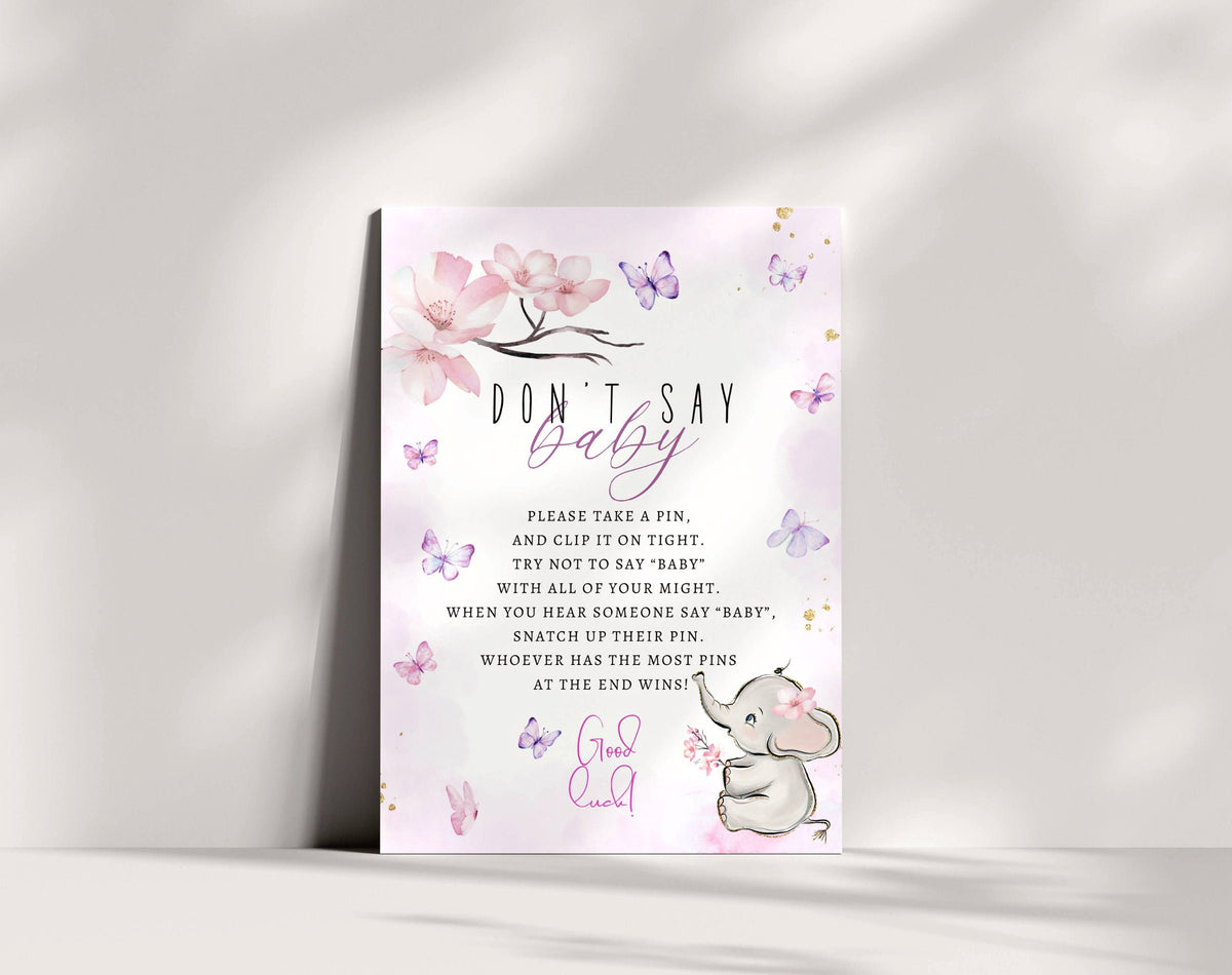 Ready-to-print details of pink butterfly elephant don't say baby printable sign