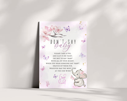 Ready-to-print details of pink butterfly elephant don't say baby printable sign