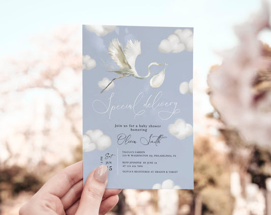 boho, blue and vintage baby shower invite for a personalized celebration