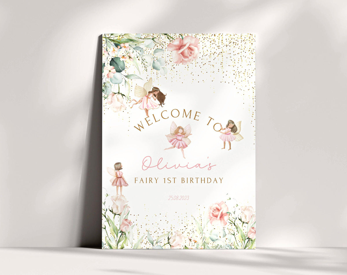 Fairy 1st Birthday Welcome Sign | Pink Floral, editable Canva template