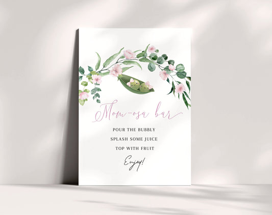 twin, floral and pink mimosa bar sign template for a personalized baby shower