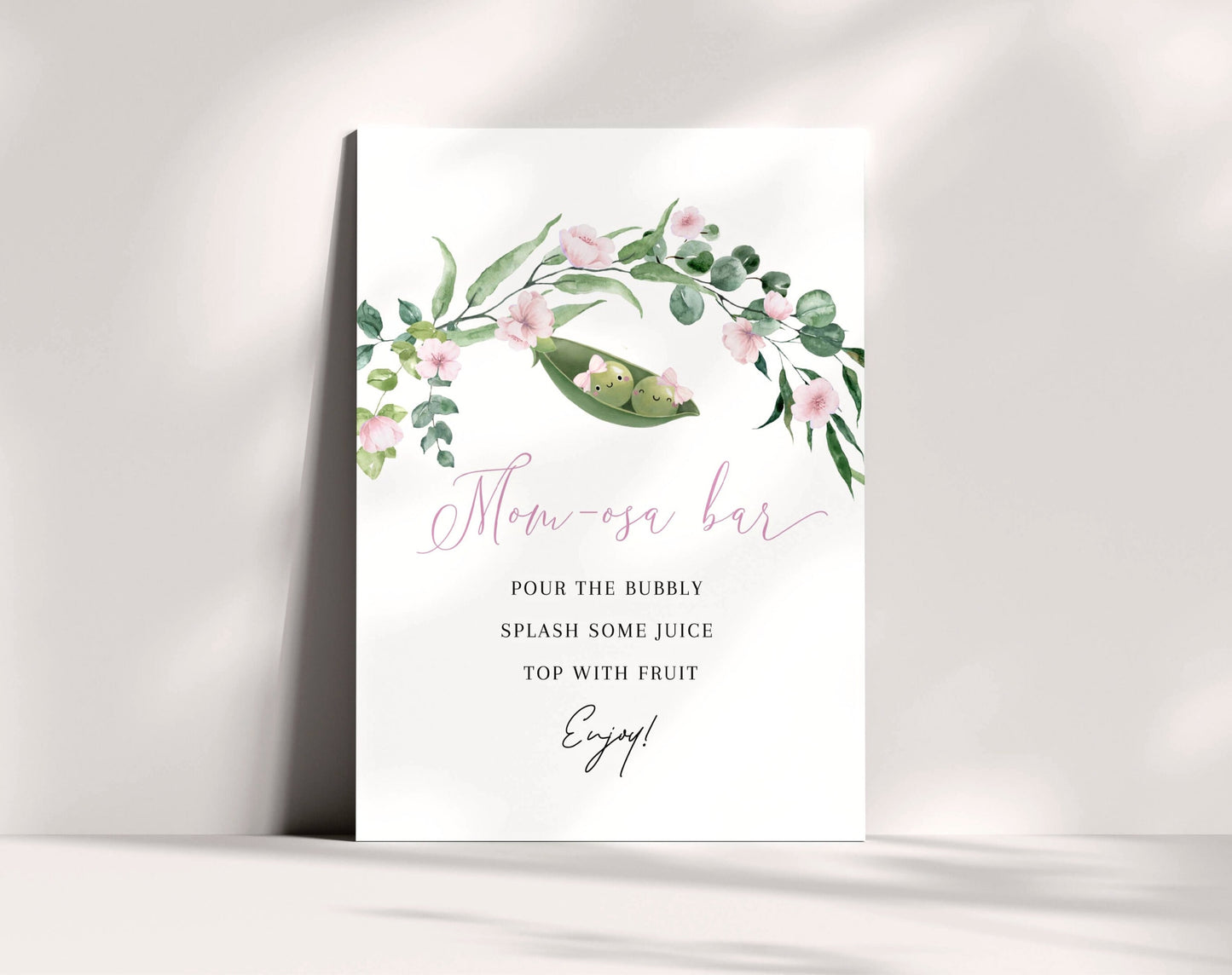 twin, floral and pink mimosa bar sign template for a personalized baby shower