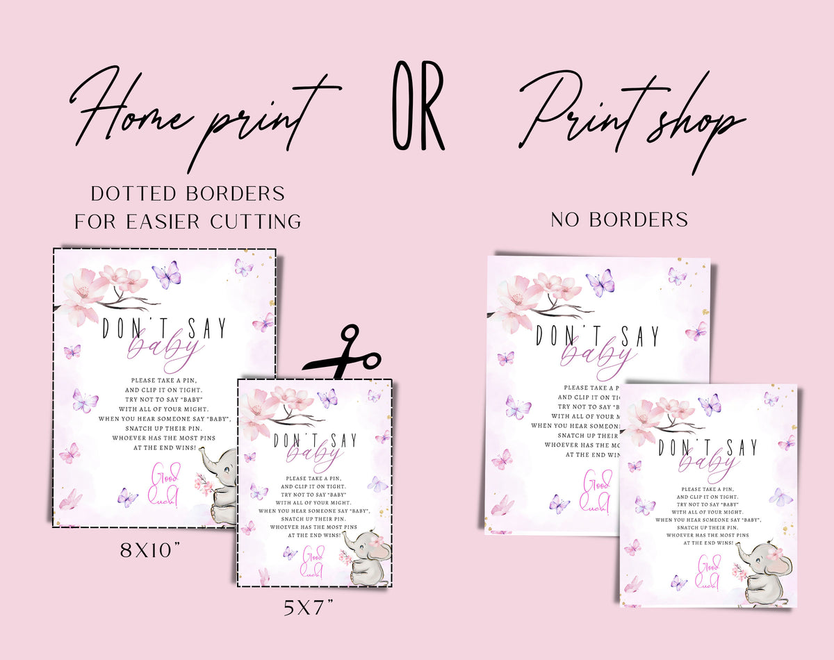 Printable preview of pink butterfly elephant don't say baby printable sign