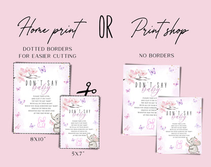 Printable preview of pink butterfly elephant don't say baby printable sign