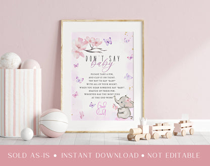 Pink butterfly elephant Don't Say Baby printable sign