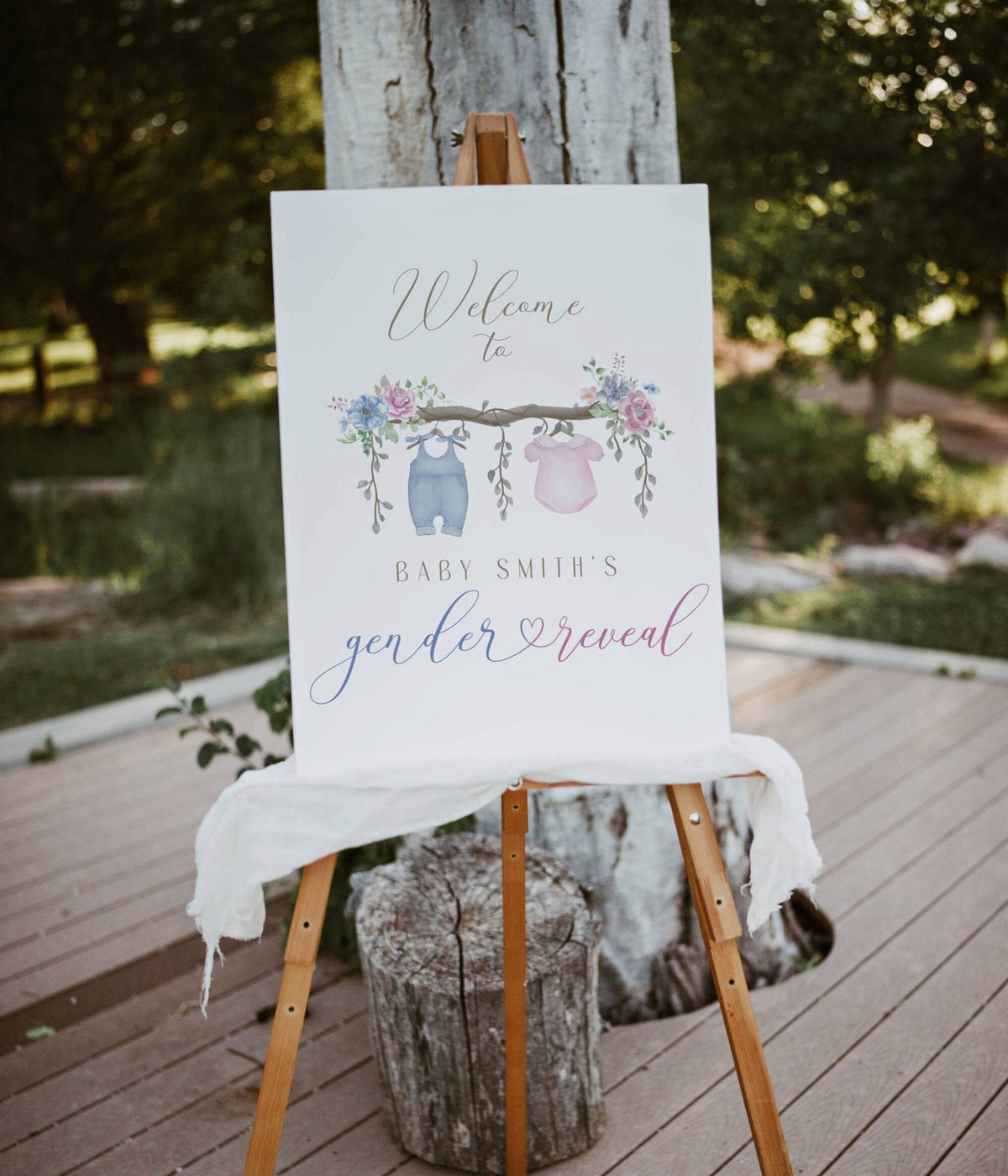 boho, floral, blue and pink gender reveal welcome sign printable for a themed celebration