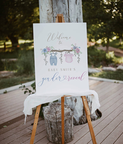 boho, floral, blue and pink gender reveal welcome sign printable for a themed celebration