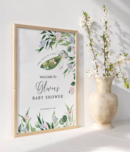 twin, floral and blue baby shower welcome sign printable for a themed celebration