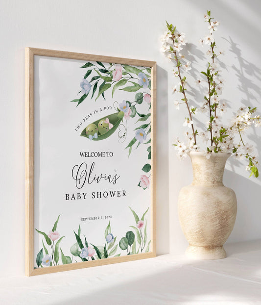 twin, floral and blue baby shower welcome sign printable for a themed celebration