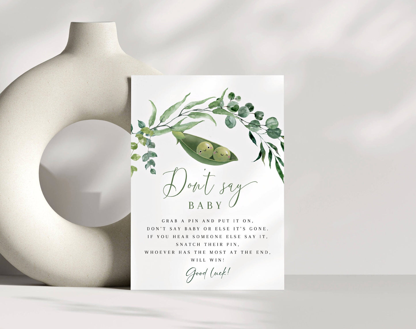twin, neutral and green don't say baby game template for a personalized baby shower
