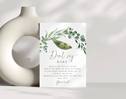 twin, neutral and green don't say baby game template for a personalized baby shower